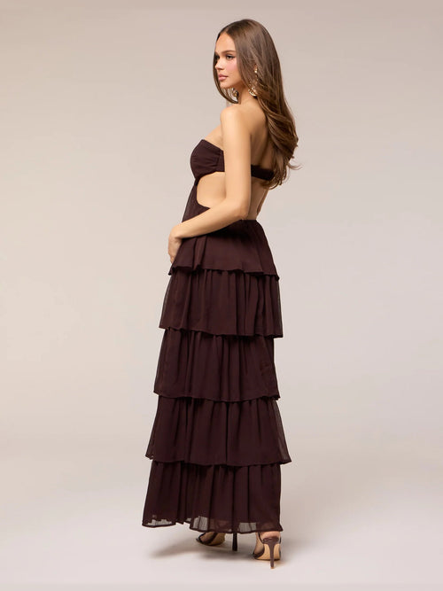 Brown formal dress with a-line silhouette and maxi length