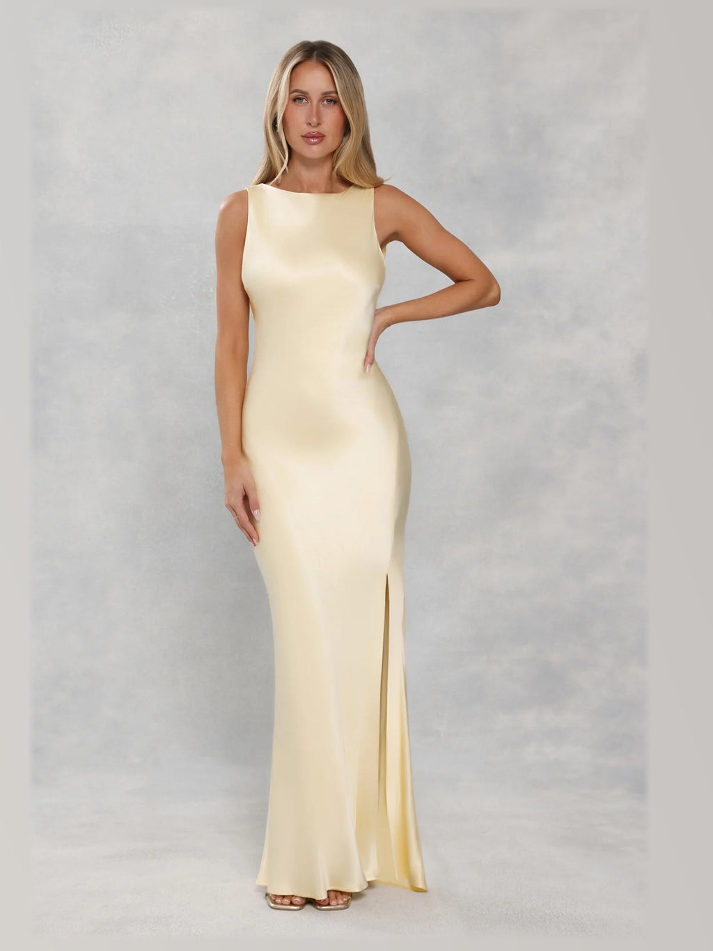 Yellow formal dress with a-line silhouette and maxi length