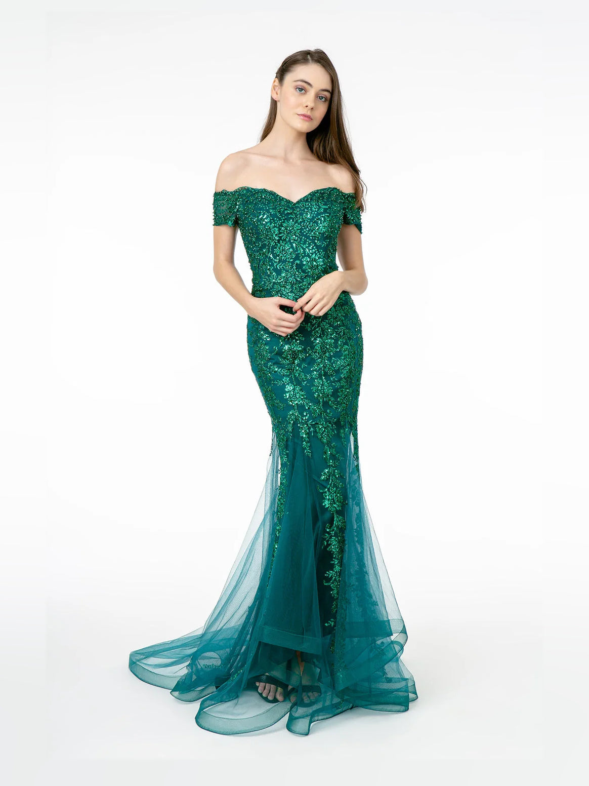 Green floor-length prom dress, front view showing the mermaid silhouette