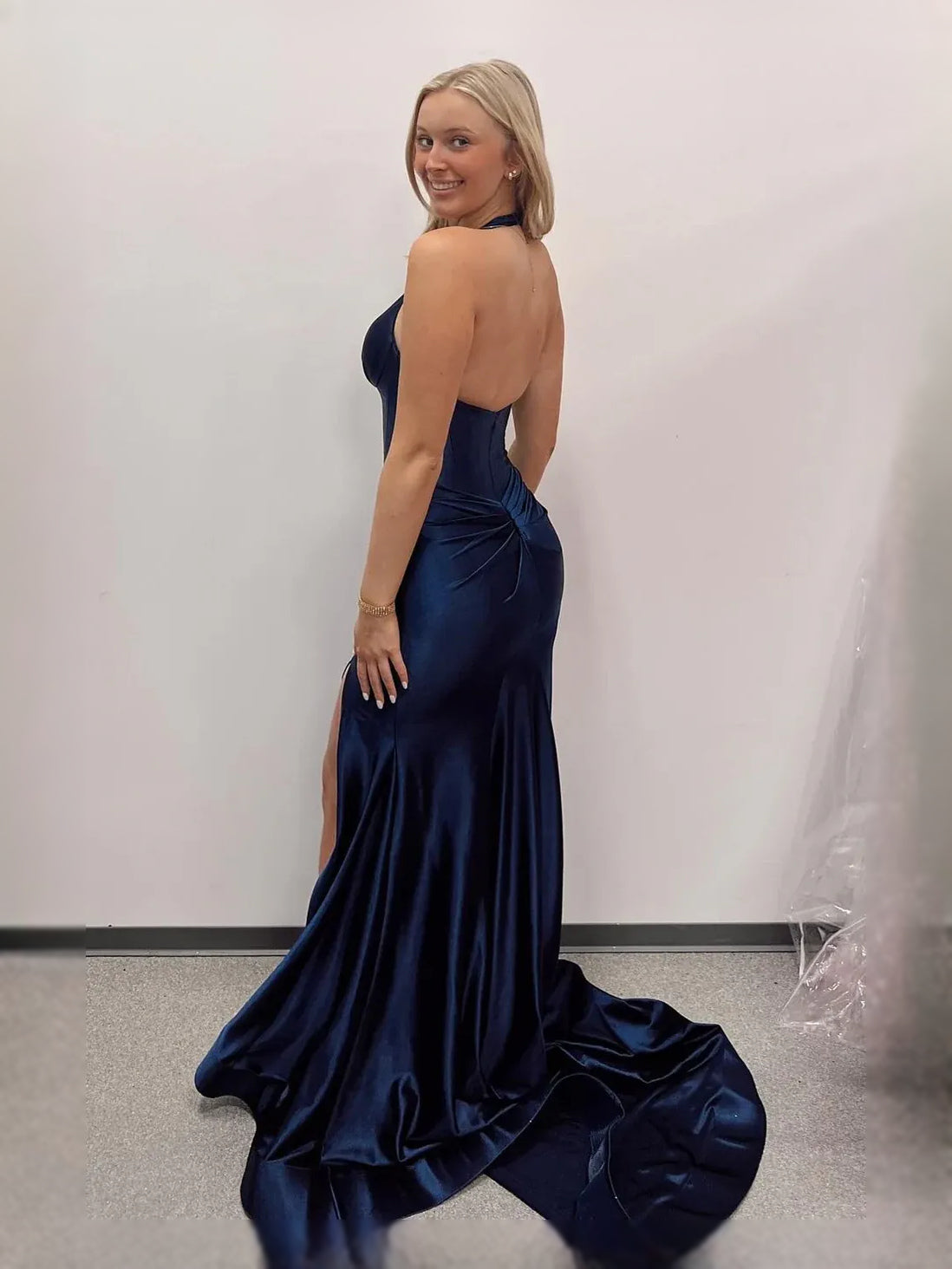 Navy Blue floor-length prom dress, front view showing the mermaid silhouette