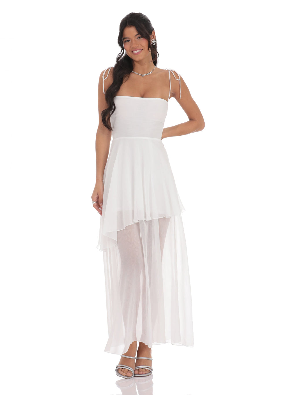 White bridesmaid dress with a-line silhouette and maxi length