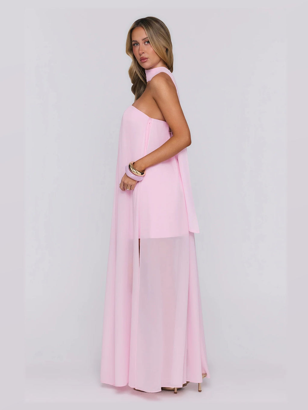 Pink formal dress with a-line silhouette and maxi length
