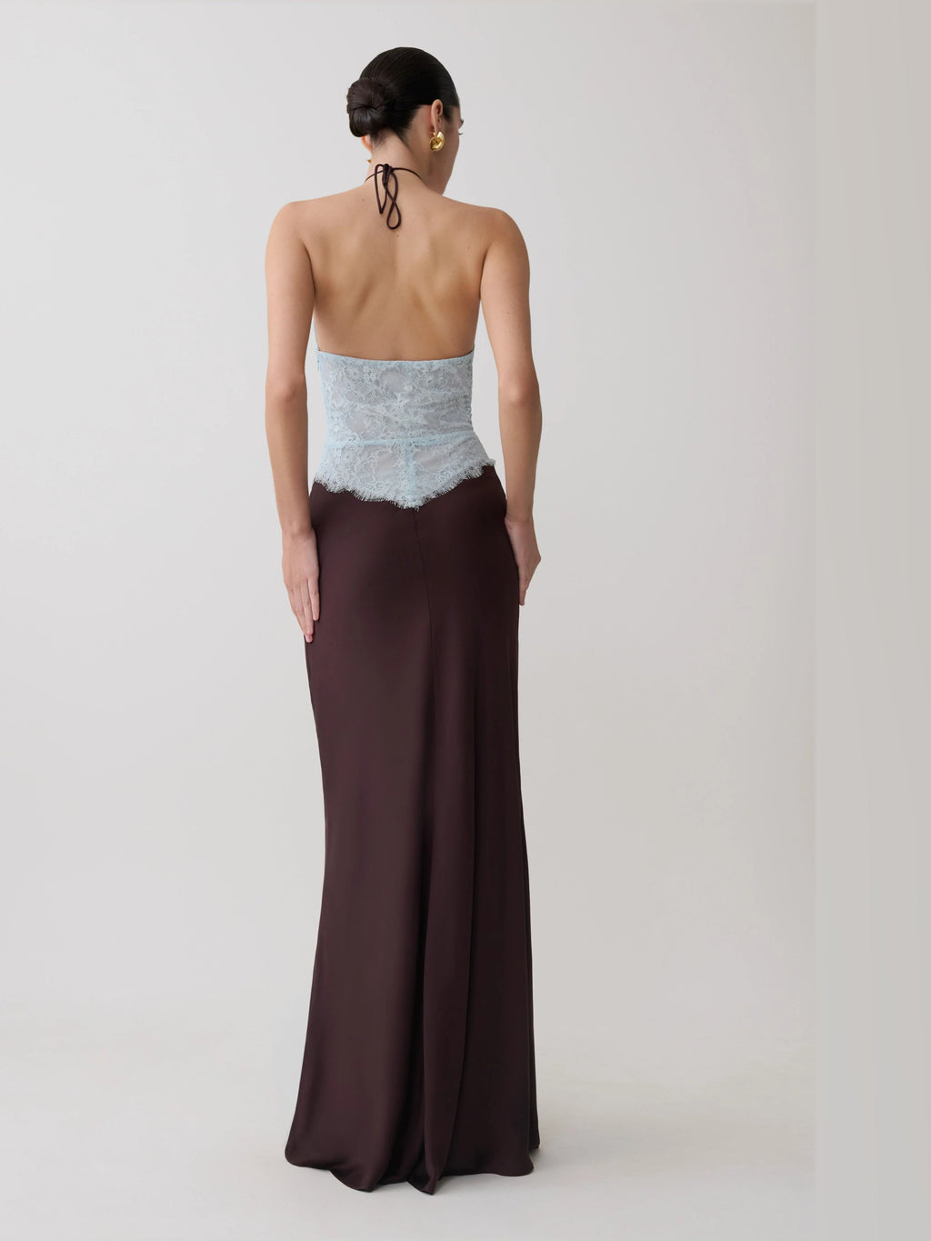 Chocolate formal dress with a-line silhouette and maxi length