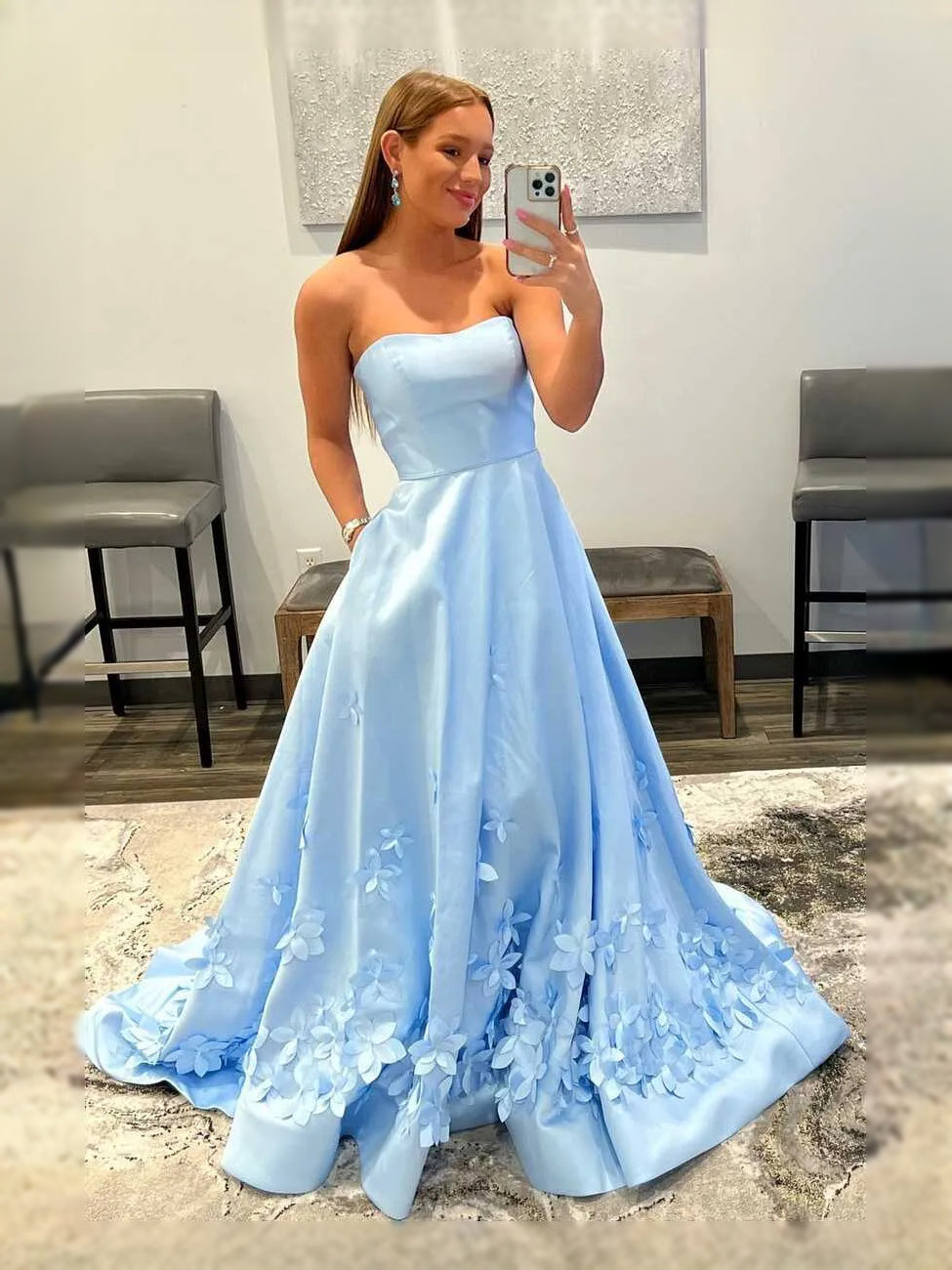 Sky Blue floor-length prom dress, front view showing the a-line silhouette