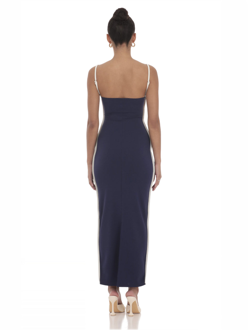 Navy bridesmaid dress with a-line silhouette and maxi length