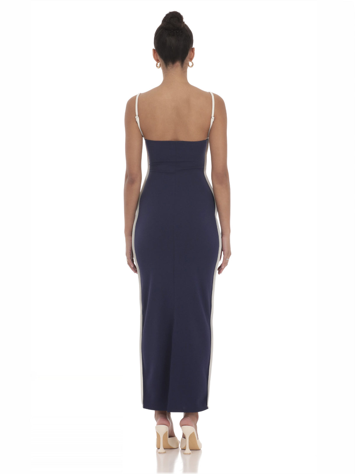 Navy bridesmaid dress with a-line silhouette and maxi length