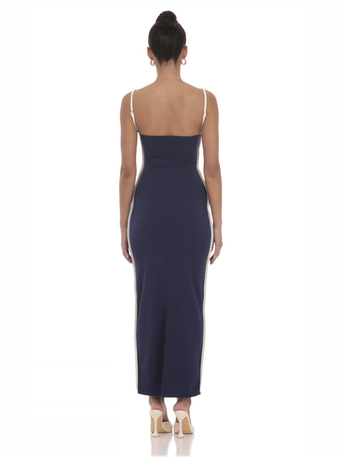 Navy bridesmaid dress with a-line silhouette and maxi length
