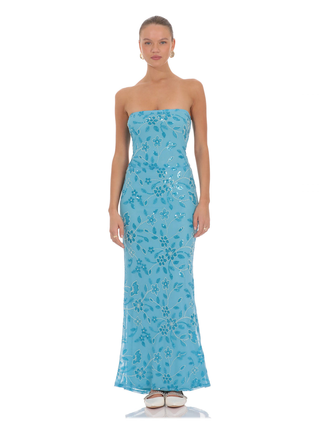 Blue bridesmaid dress with a-line silhouette and maxi length