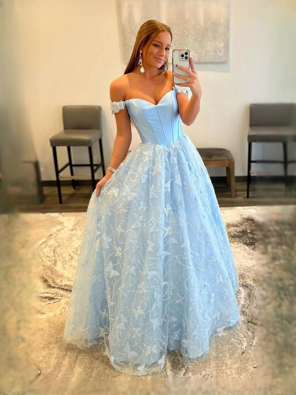 Sky Blue maxi prom dress, front view showing the a-line silhouette