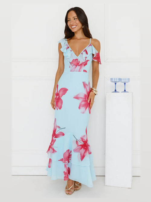 Blue formal dress with a-line silhouette and maxi length