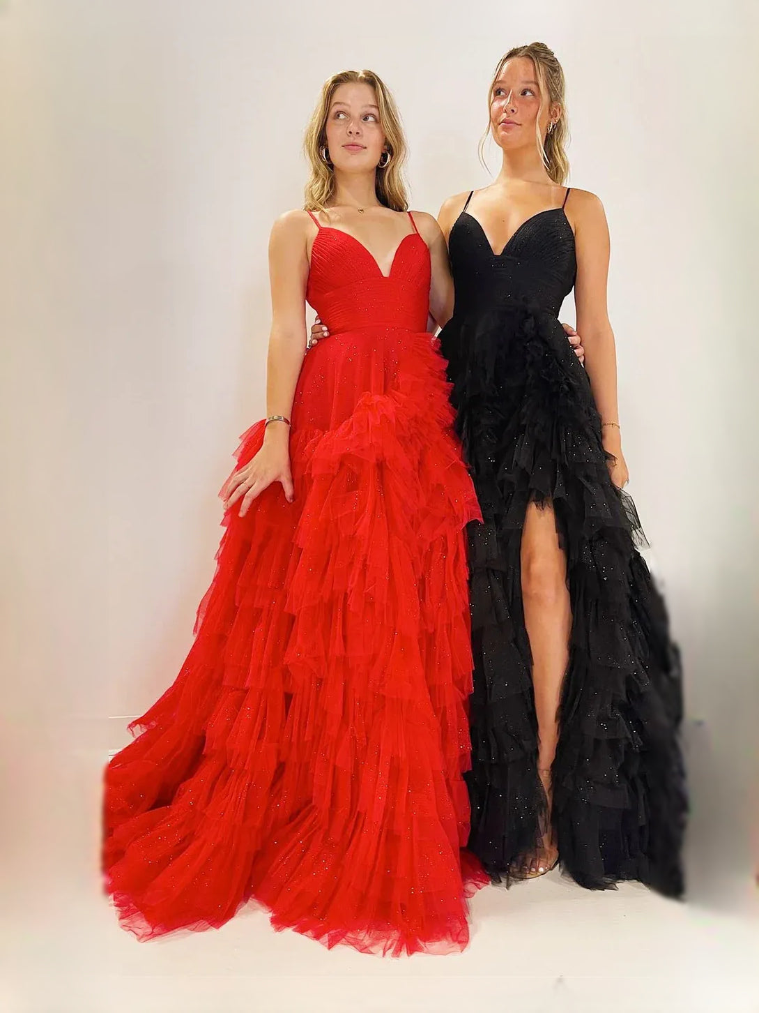 Red maxi prom dress, front view showing the a-line silhouette