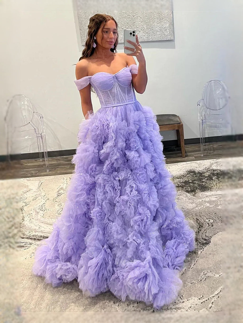 Lavender maxi prom dress, front view showing the a-line silhouette