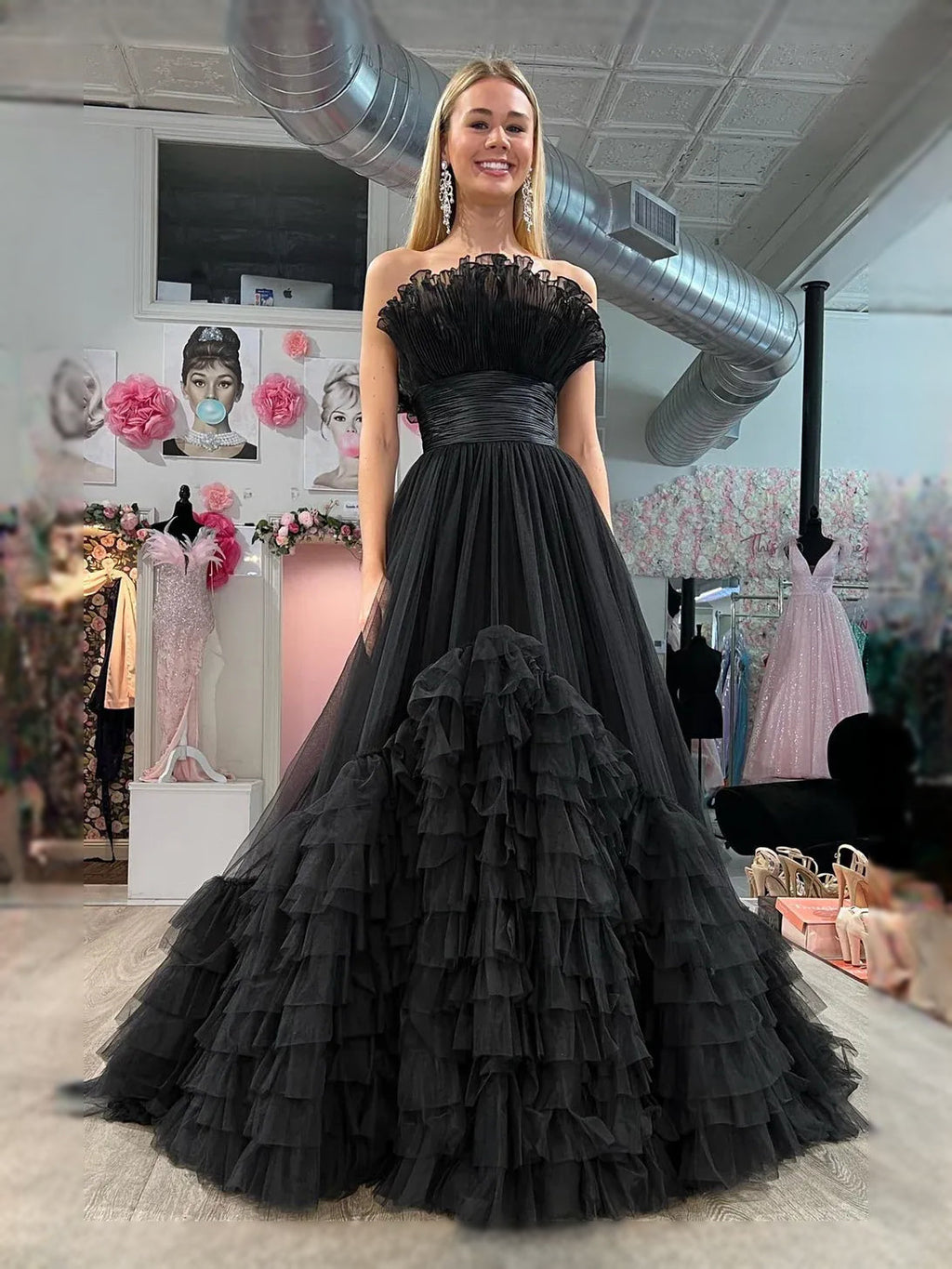 Black maxi prom dress, alternate view showing the bodice and skirt