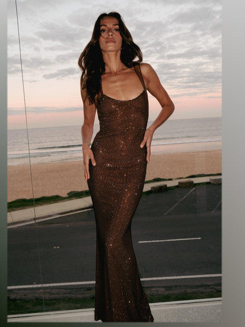 Chocolate formal dress with a-line silhouette