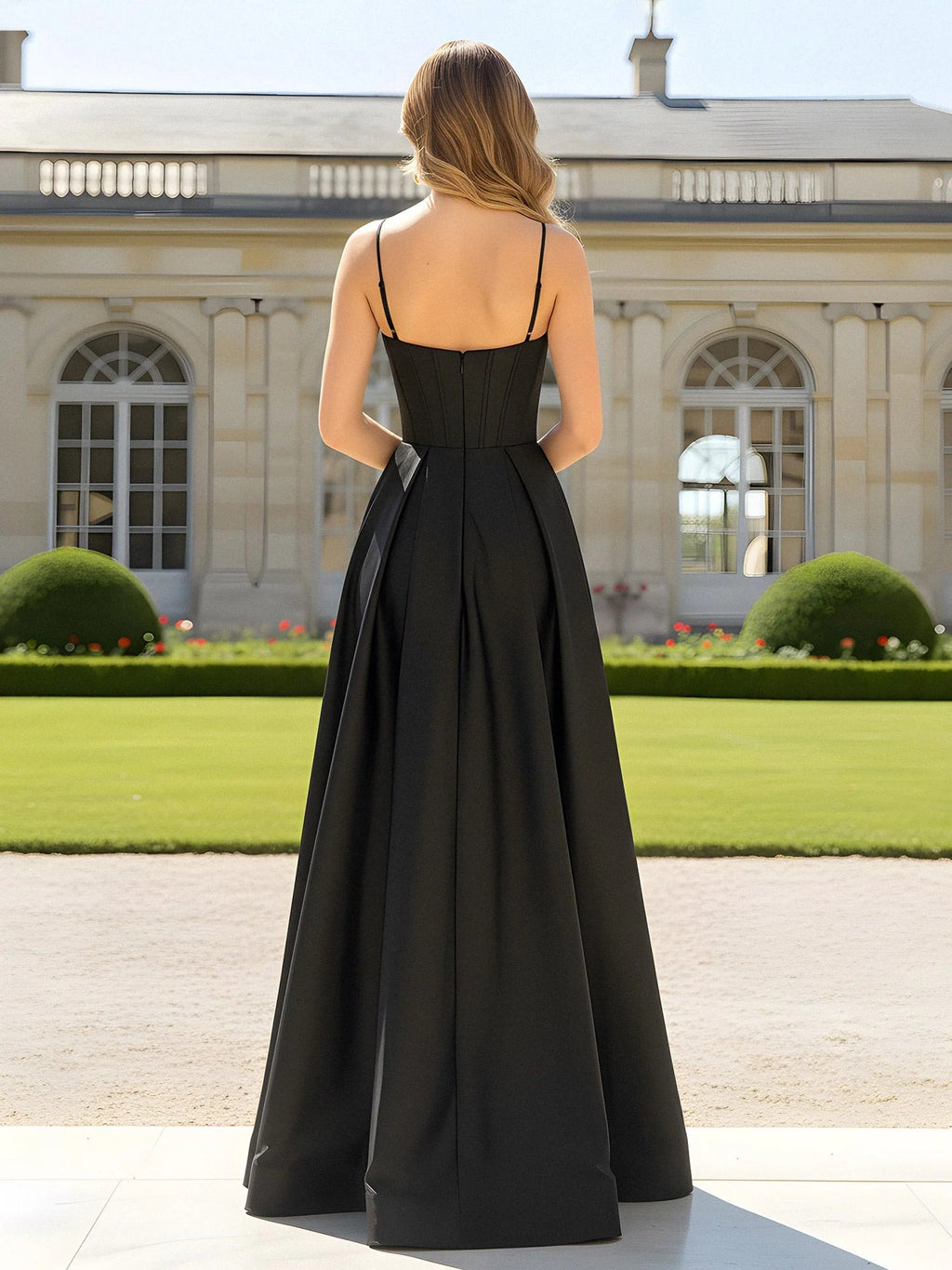 Black floor-length prom dress, alternate view showing the bodice and skirt