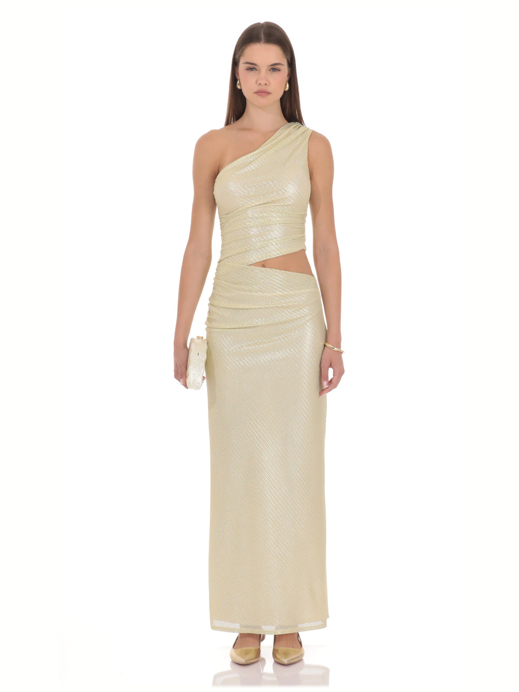 Gold bridesmaid dress with one shoulder neckline