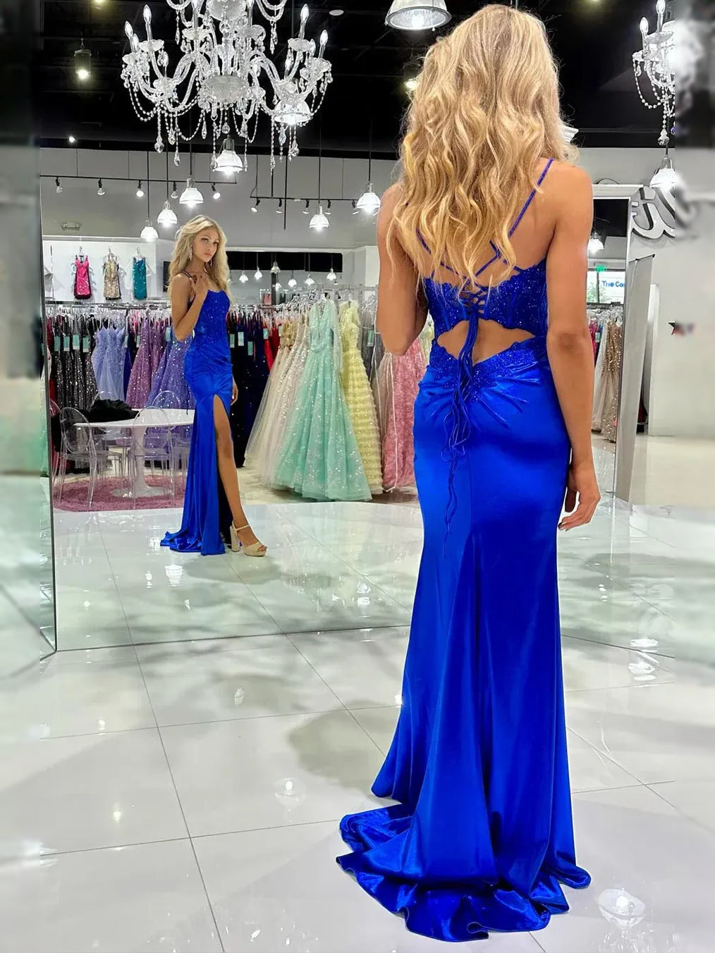 Royal Blue maxi prom dress, alternate view showing the bodice and skirt