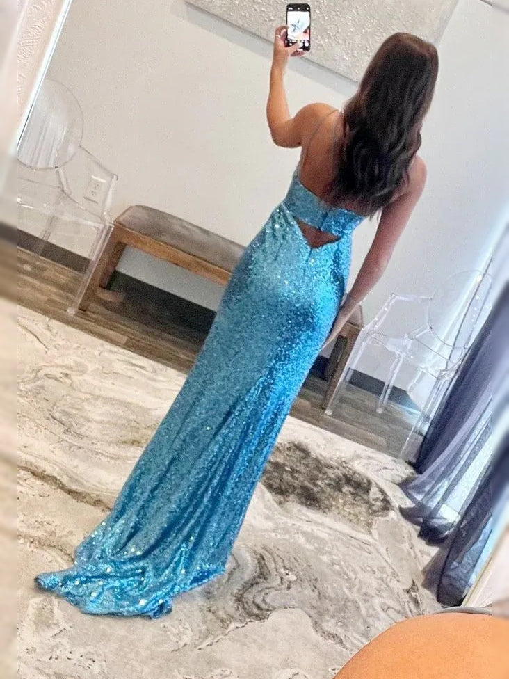 Cobalt Blue maxi prom dress, back view showing the rear of the dress