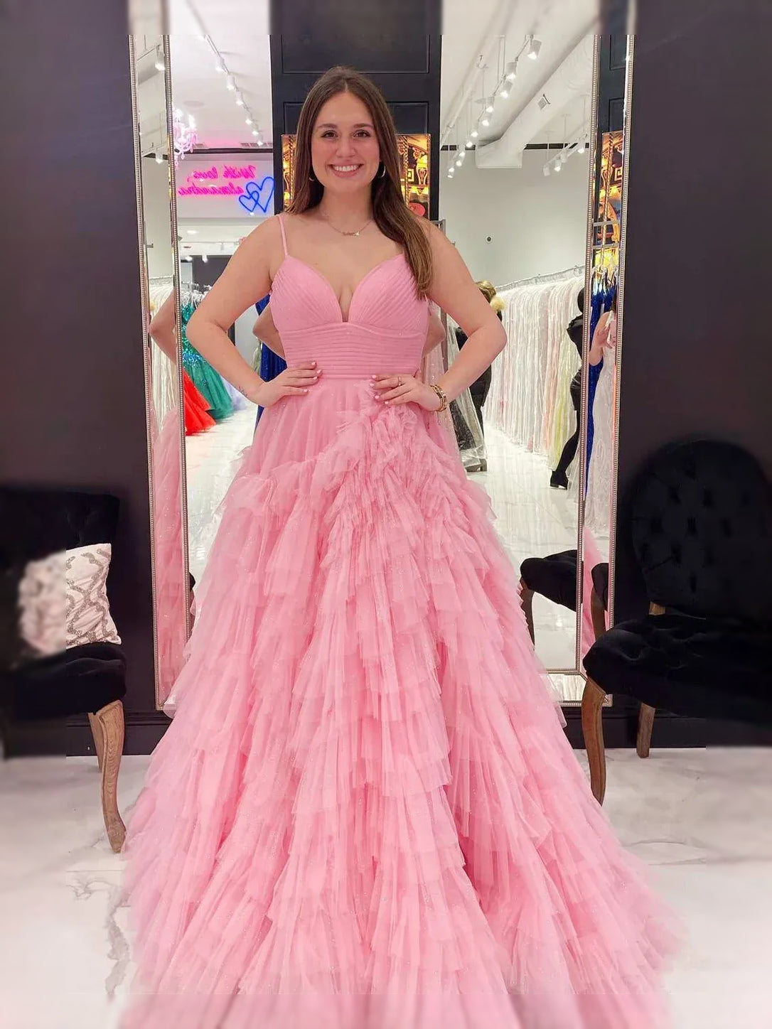 Pink maxi prom dress, alternate view showing the bodice and skirt
