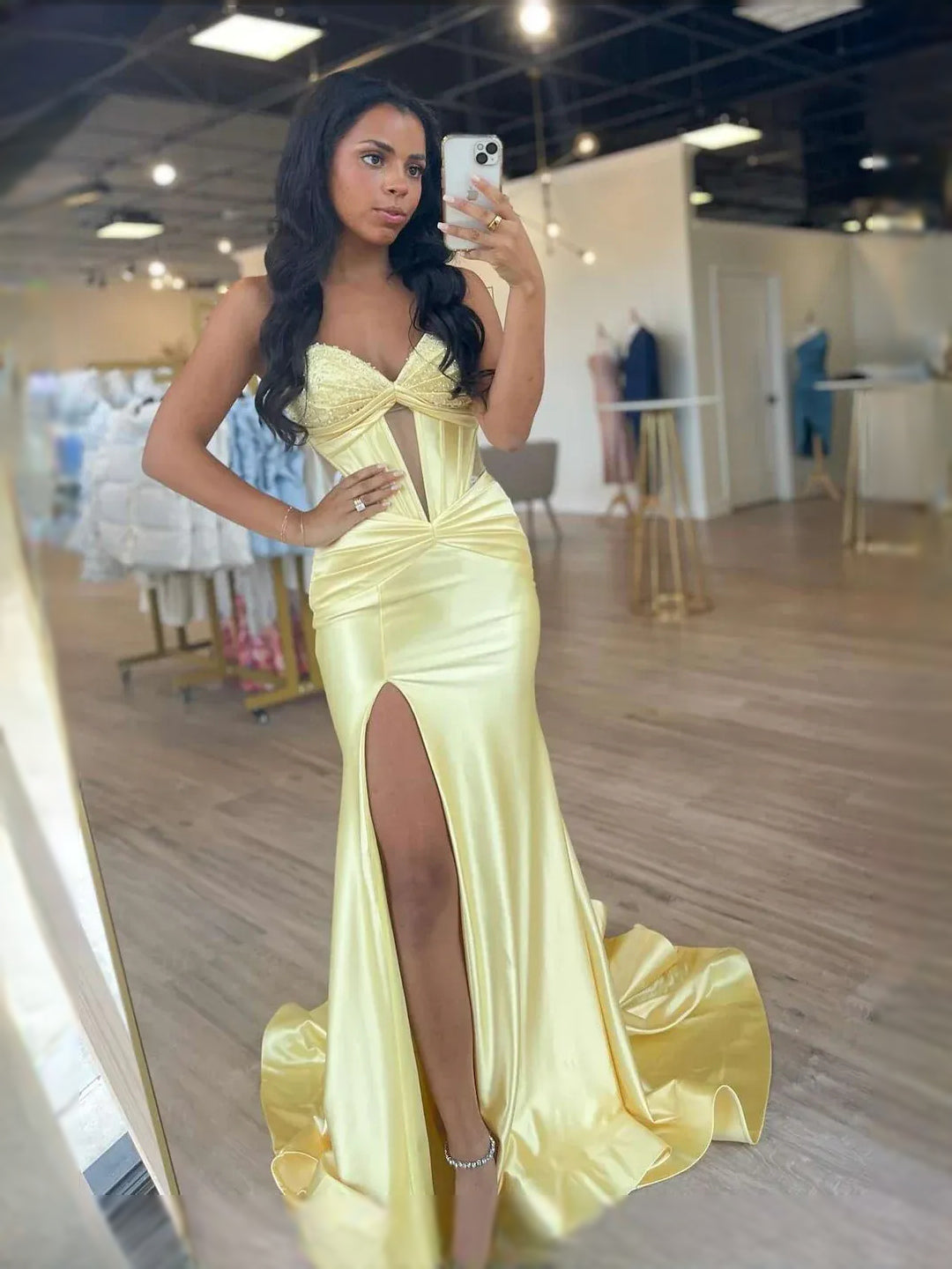 Yellow maxi prom dress, alternate view showing the bodice and skirt