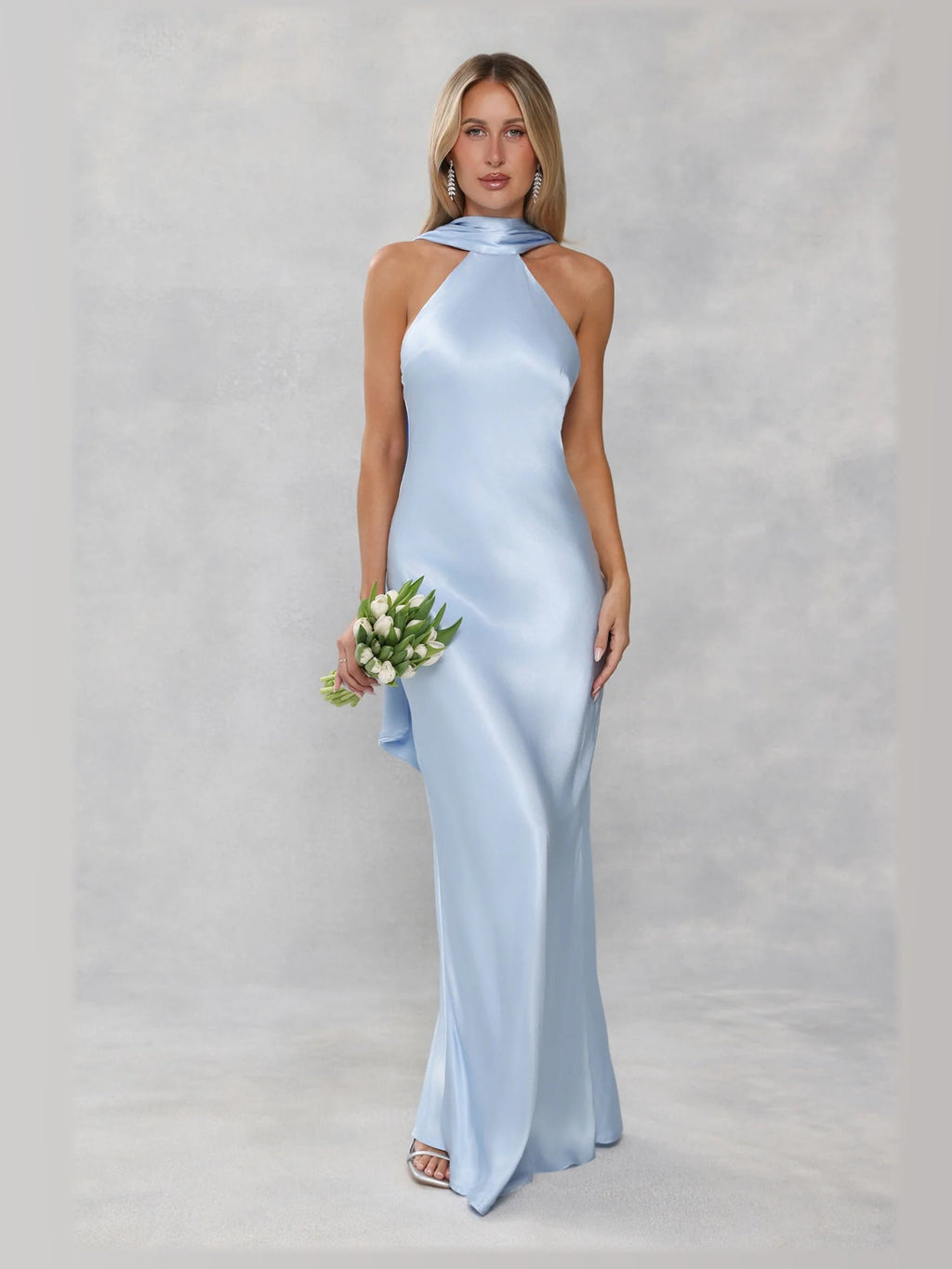 Light Blue formal dress with halter neck neckline