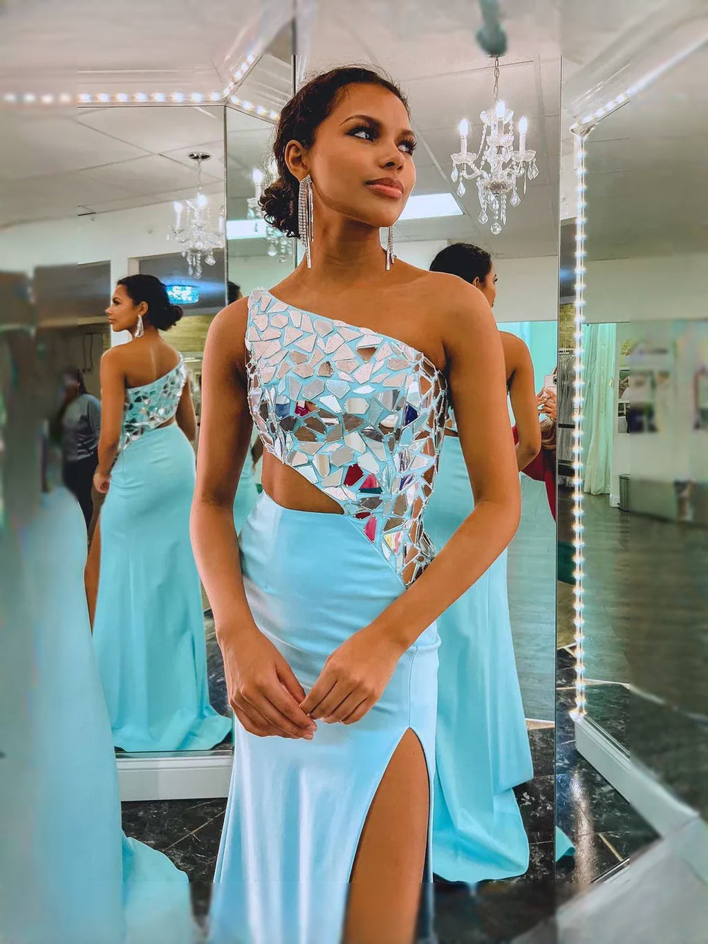 Turquoise maxi prom dress, alternate view showing the bodice and skirt