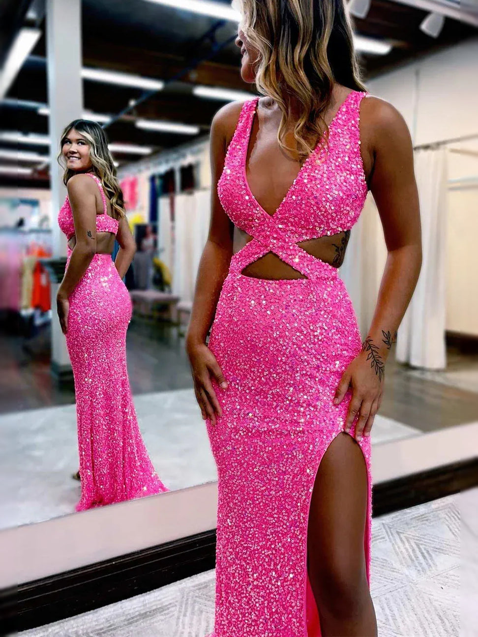Hot Pink maxi prom dress, back view showing the rear of the dress