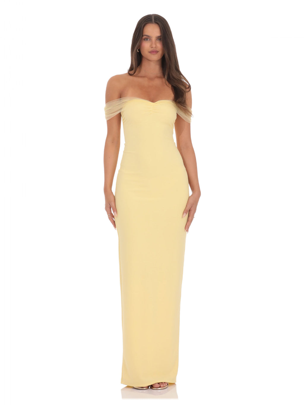 Yellow bridesmaid dress with off shoulder neckline