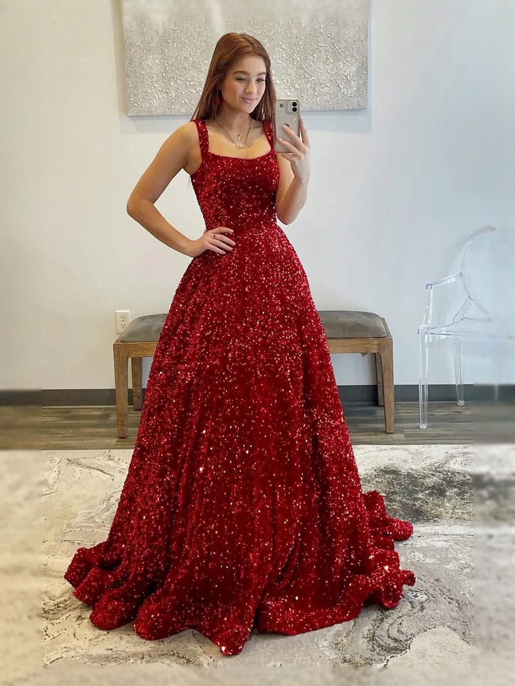 Red maxi prom dress, back view showing the rear of the dress