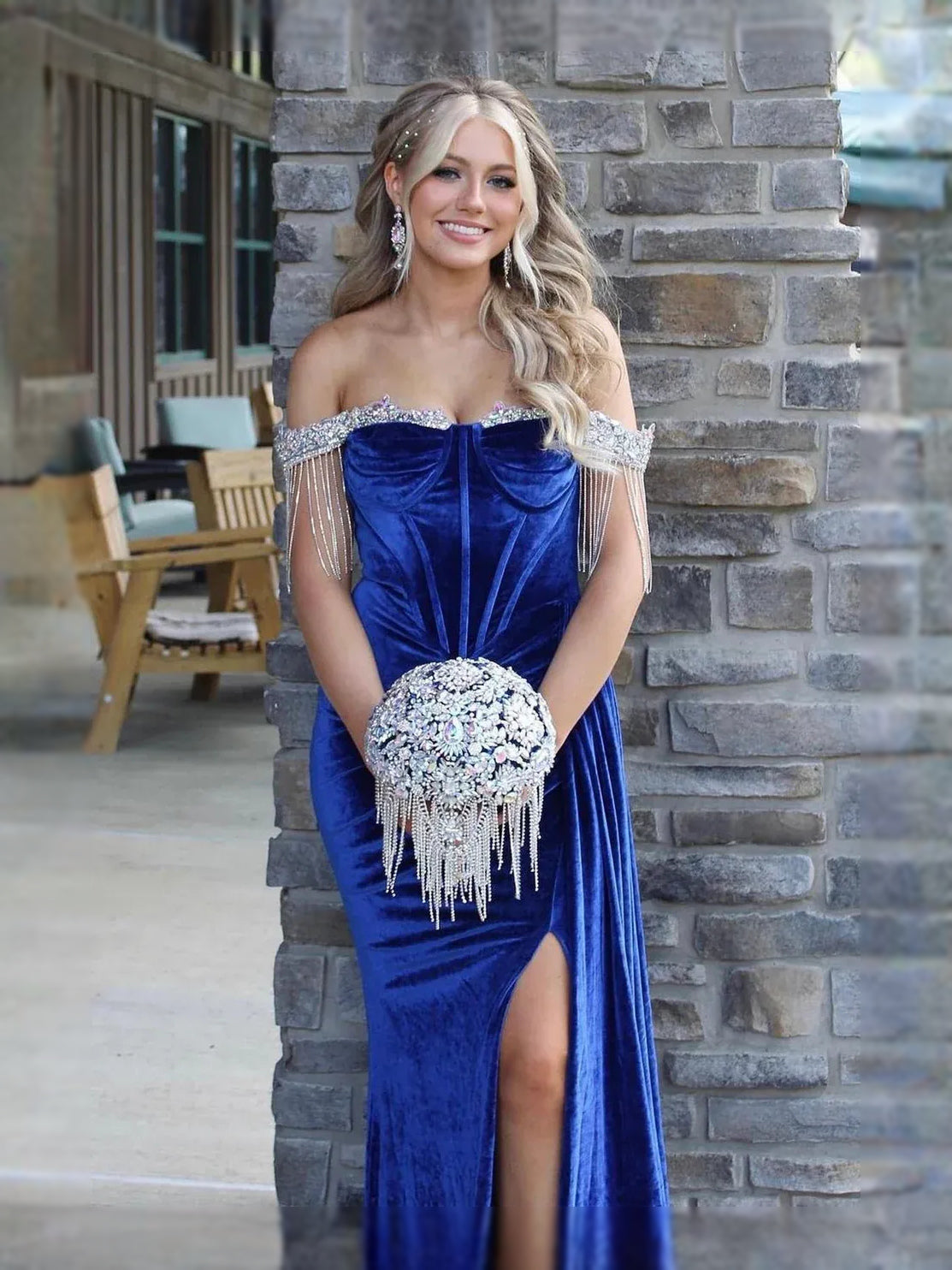 Royal Blue maxi prom dress, alternate view showing the bodice and skirt