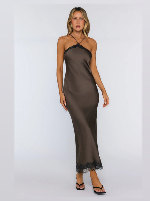 Brown formal dress with a-line silhouette