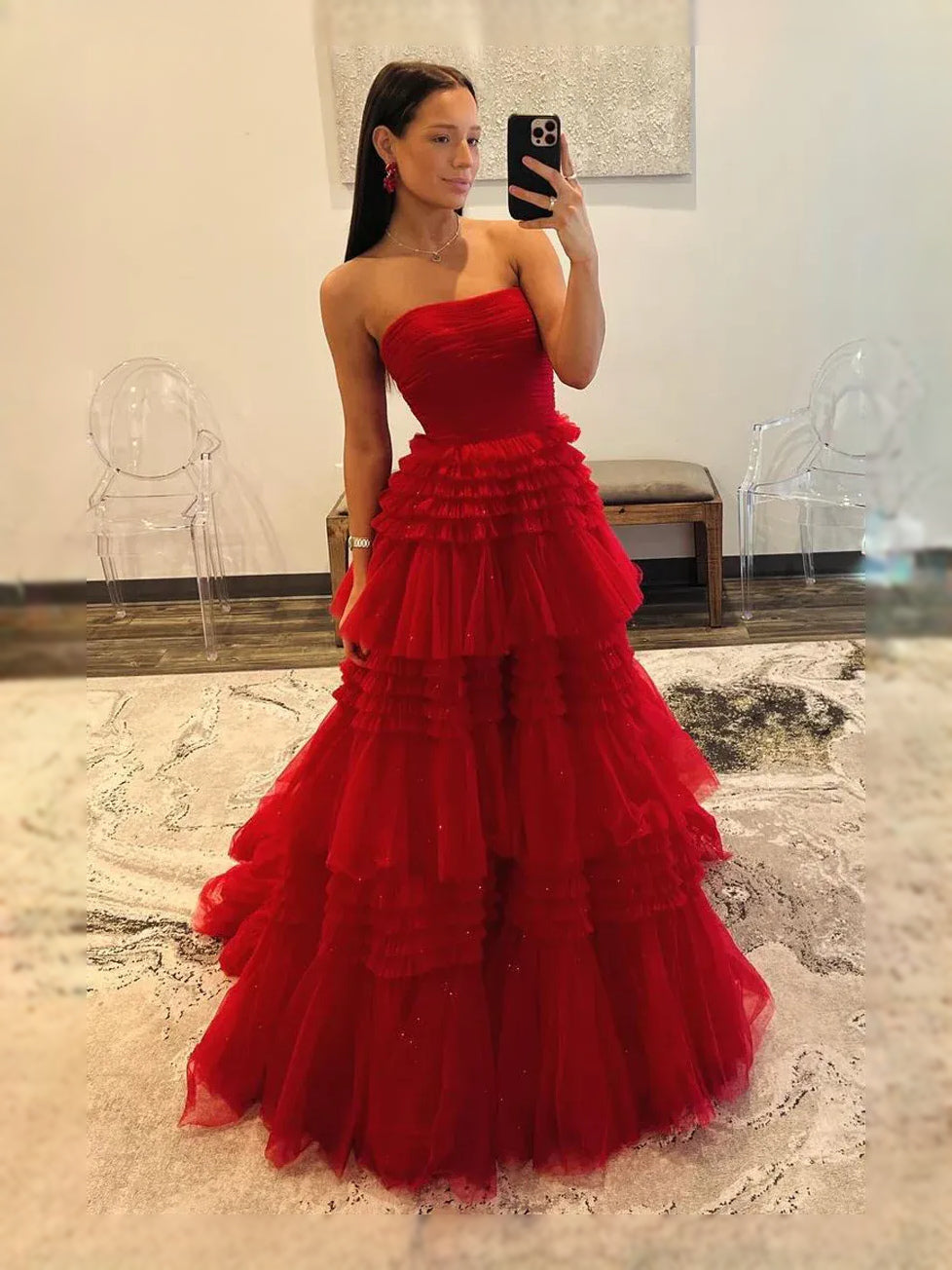 Red maxi prom dress, alternate view showing the bodice and skirt