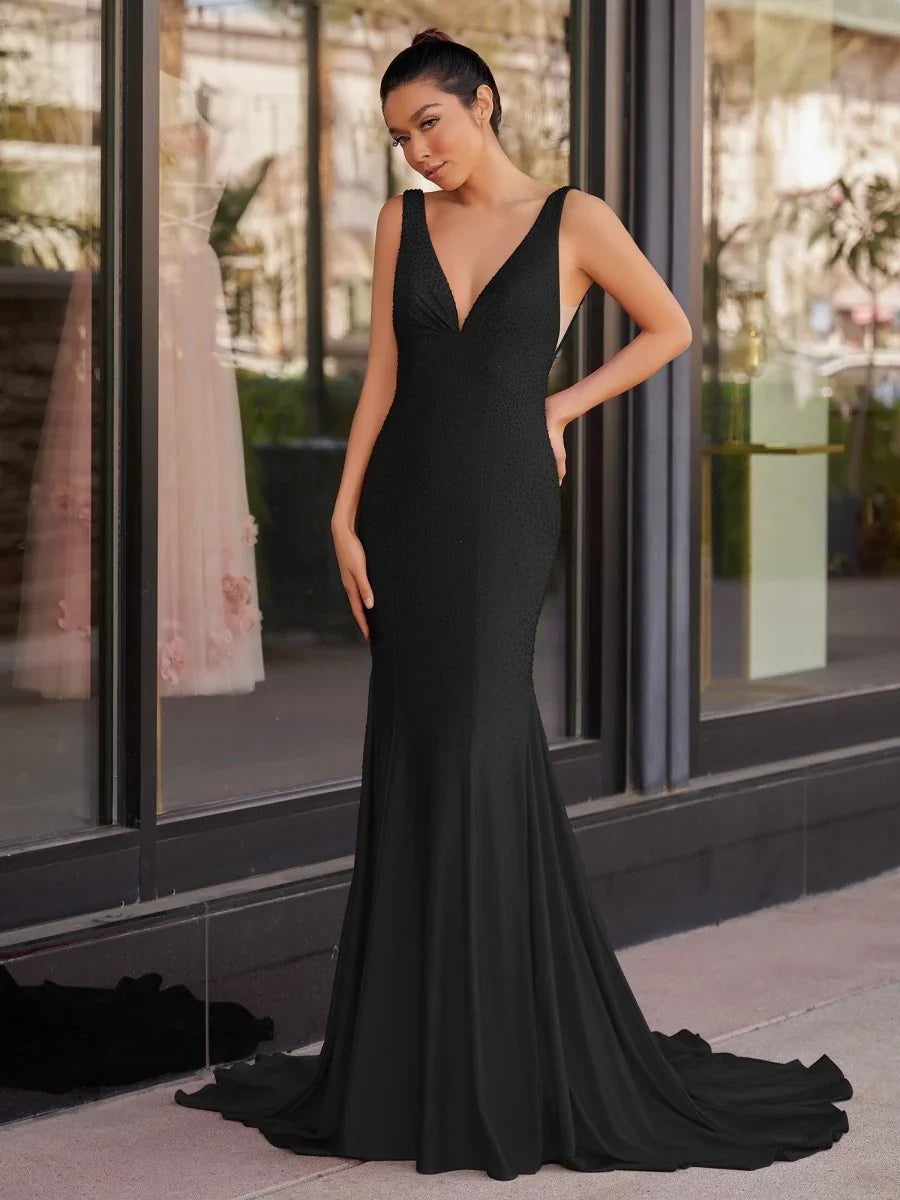 Black maxi prom dress, back view showing the rear of the dress