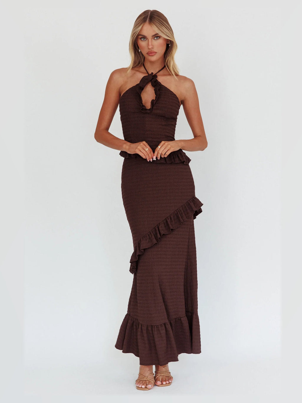 Chocolate formal dress with a-line silhouette