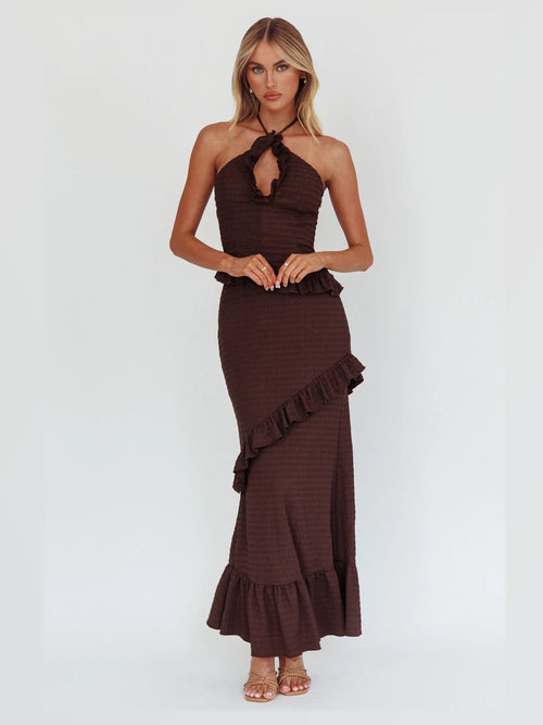 Chocolate formal dress with a-line silhouette