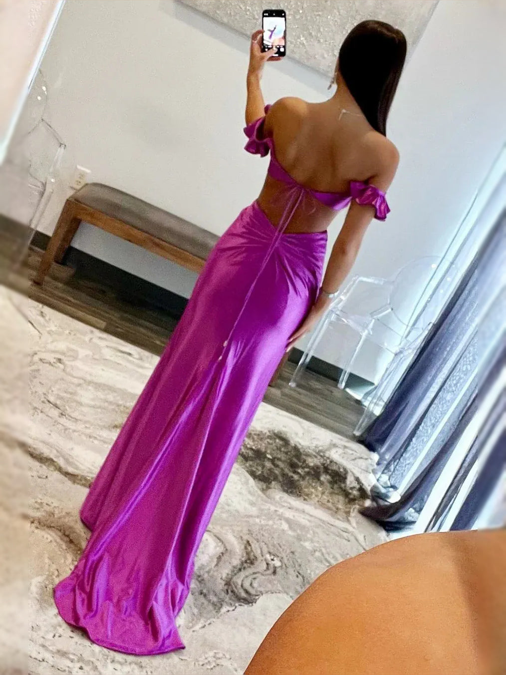 Purple floor-length prom dress, alternate view showing the bodice and skirt