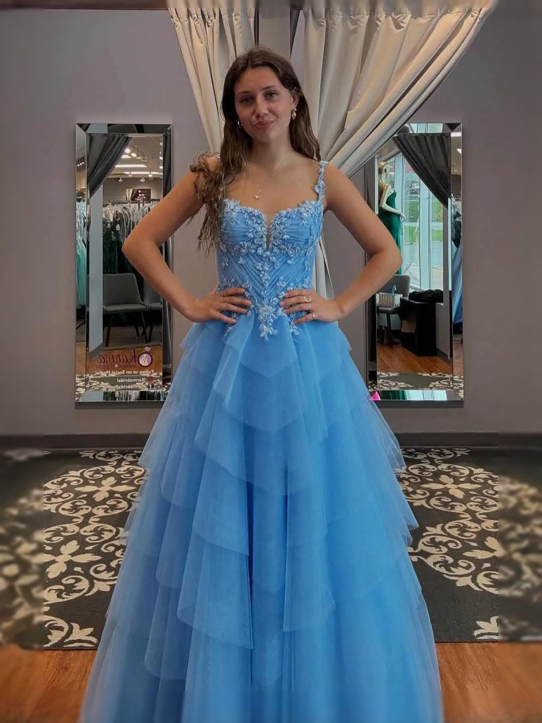 Sky Blue maxi prom dress, alternate view showing the bodice and skirt