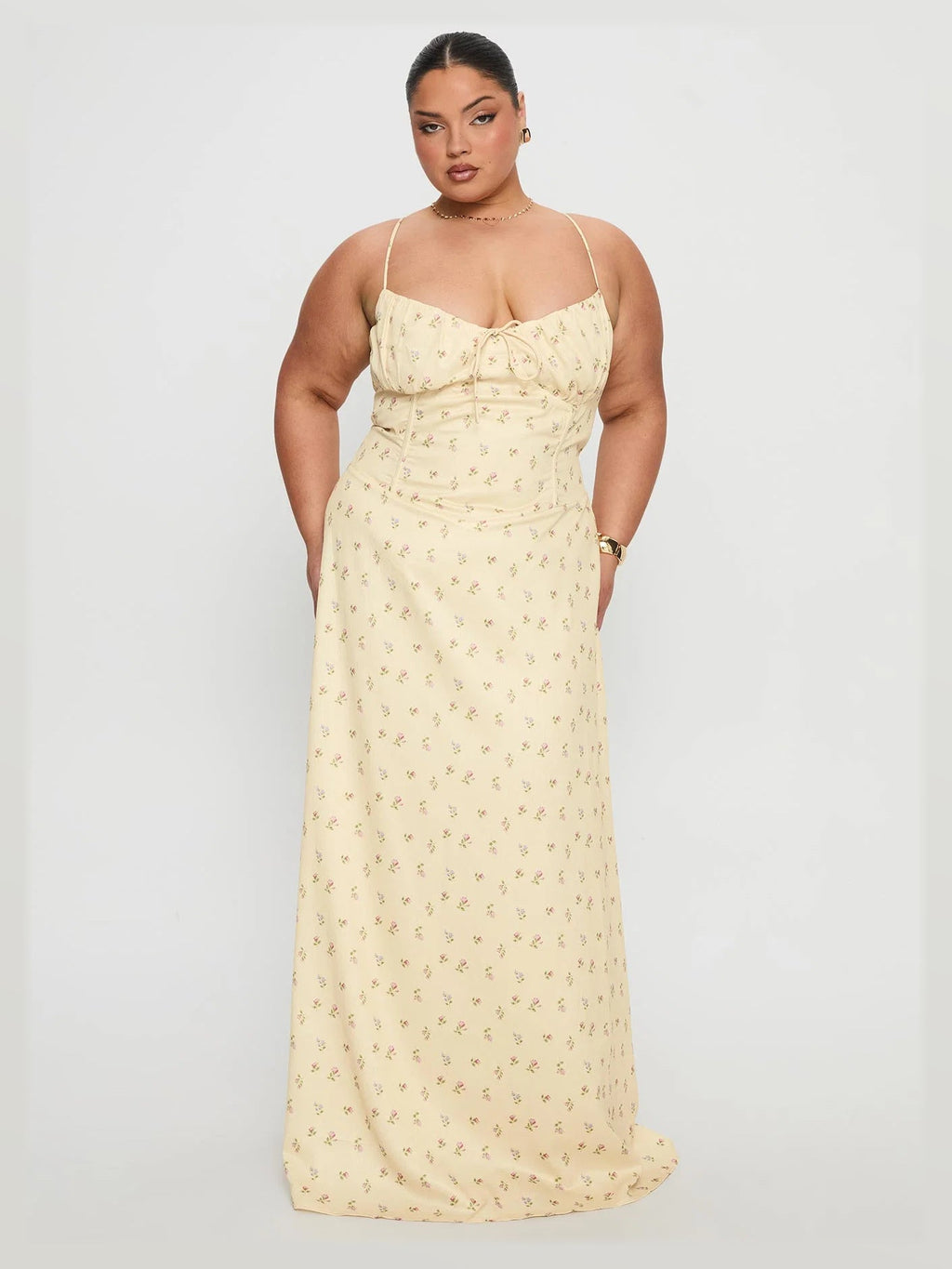 Yellow Floral formal dress with a-line silhouette