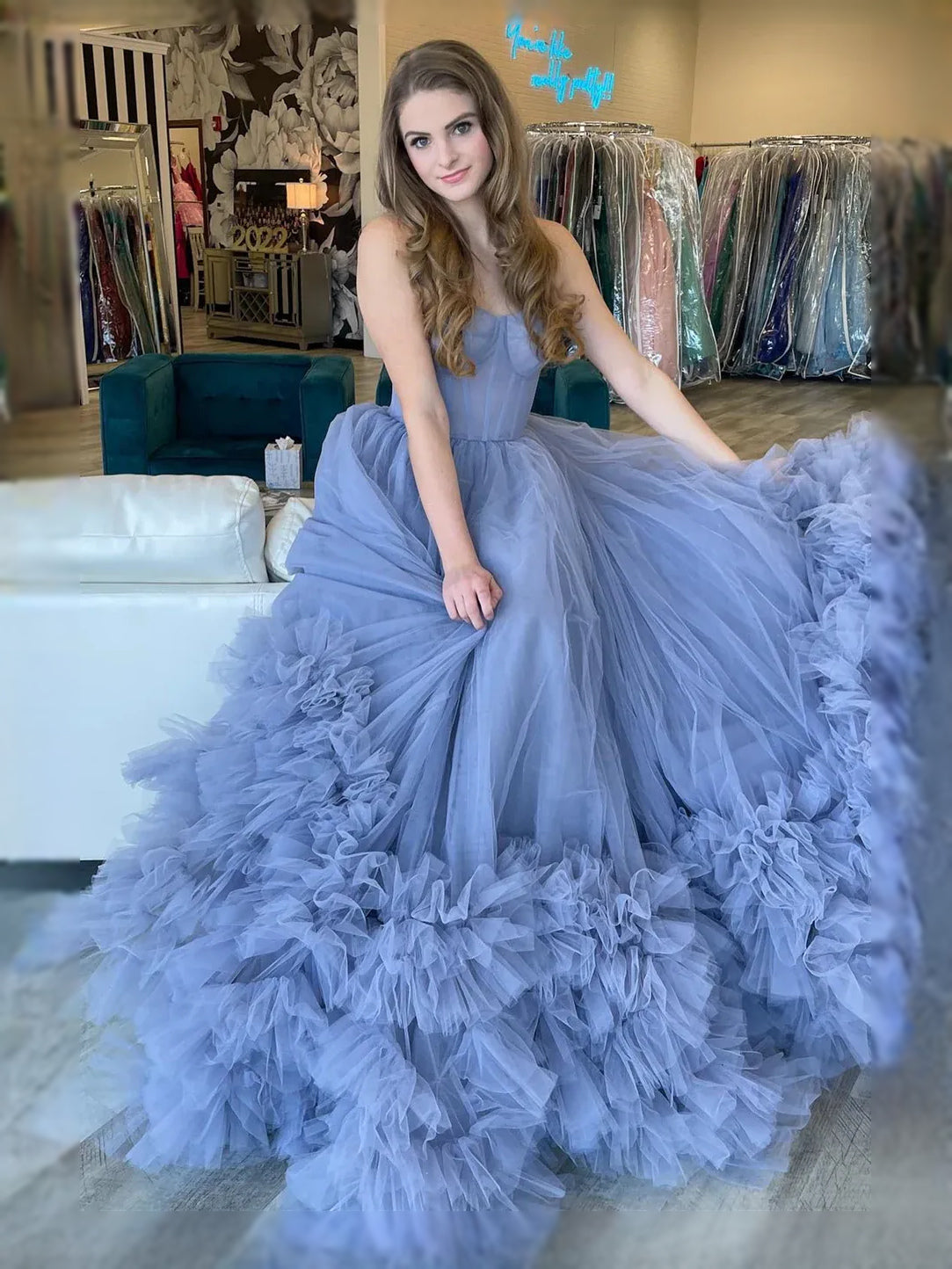 Periwinkle maxi prom dress, back view showing the rear of the dress