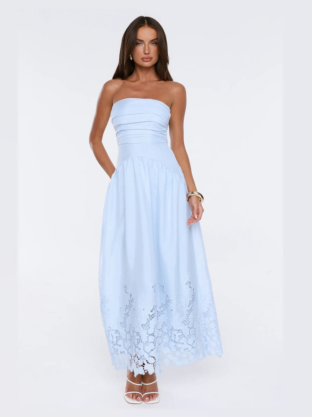 Blue formal dress with strapless neckline