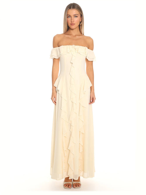 Butter formal dress with off shoulder neckline