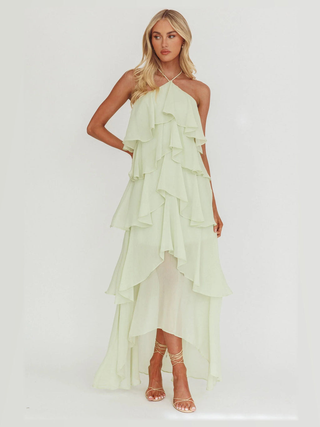 Sage formal dress with a-line silhouette