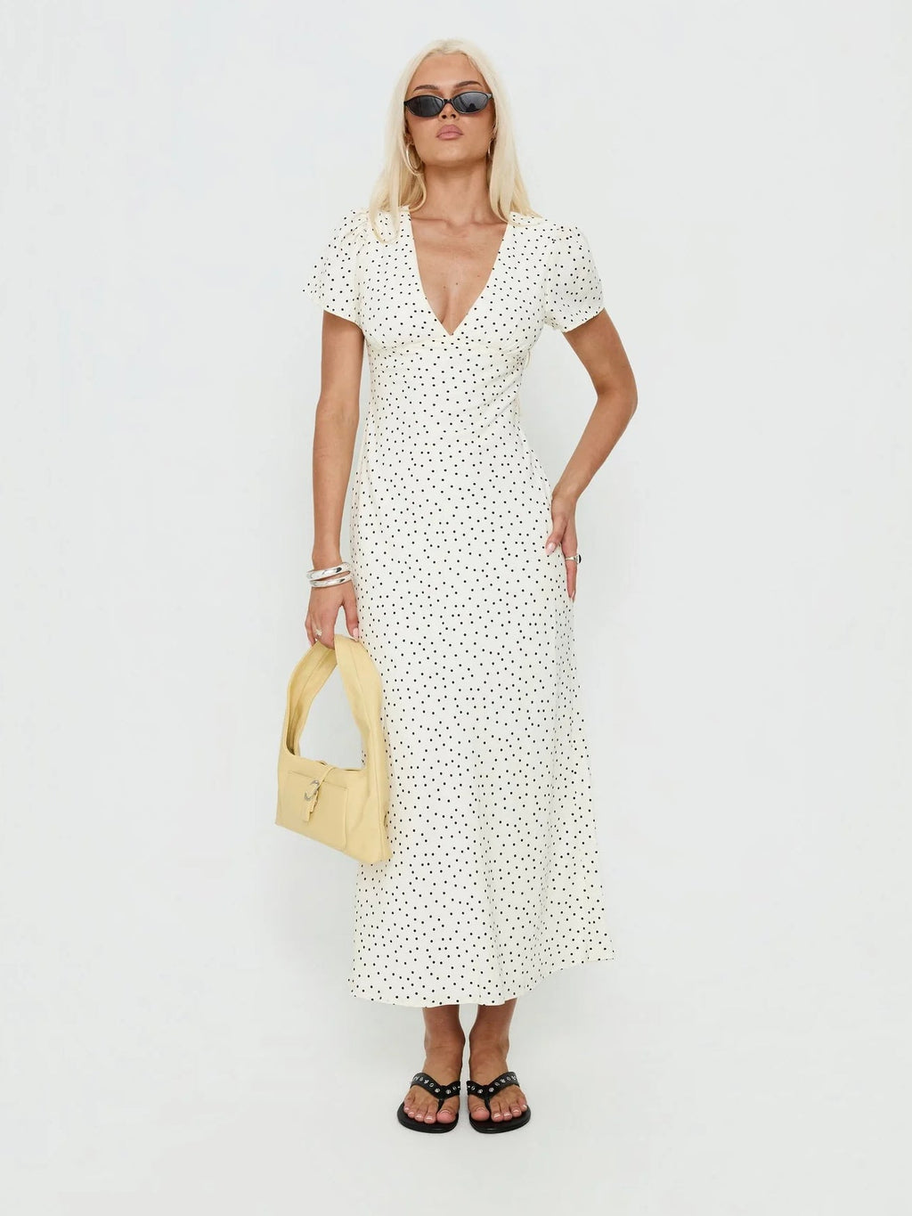 White Polka Dot formal dress with v neck neckline