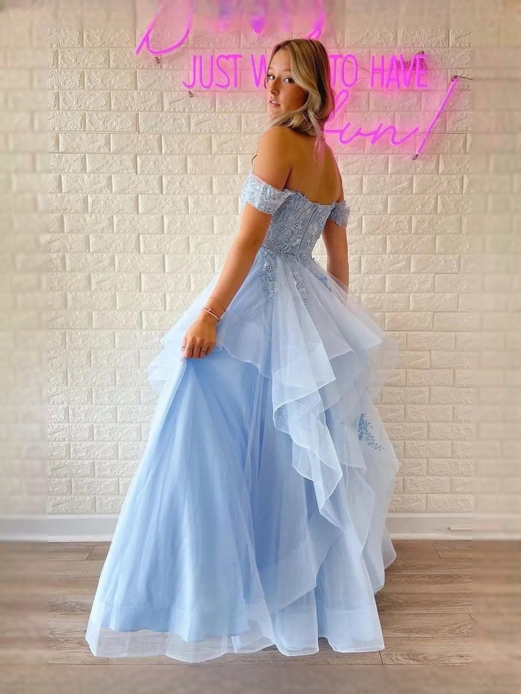Sky Blue maxi prom dress, back view showing the rear of the dress