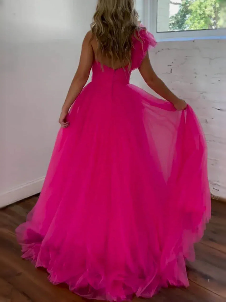 Hot Pink maxi prom dress, alternate view showing the bodice and skirt
