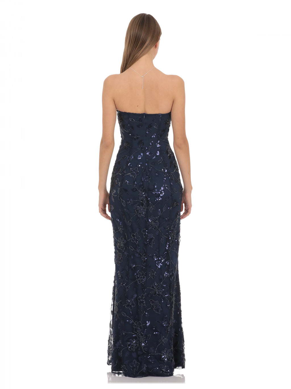 Navy bridesmaid dress with mesh construction and maxi hem