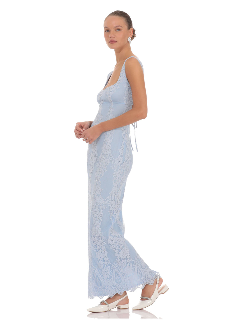 Light Blue bridesmaid dress with mesh construction and maxi hem