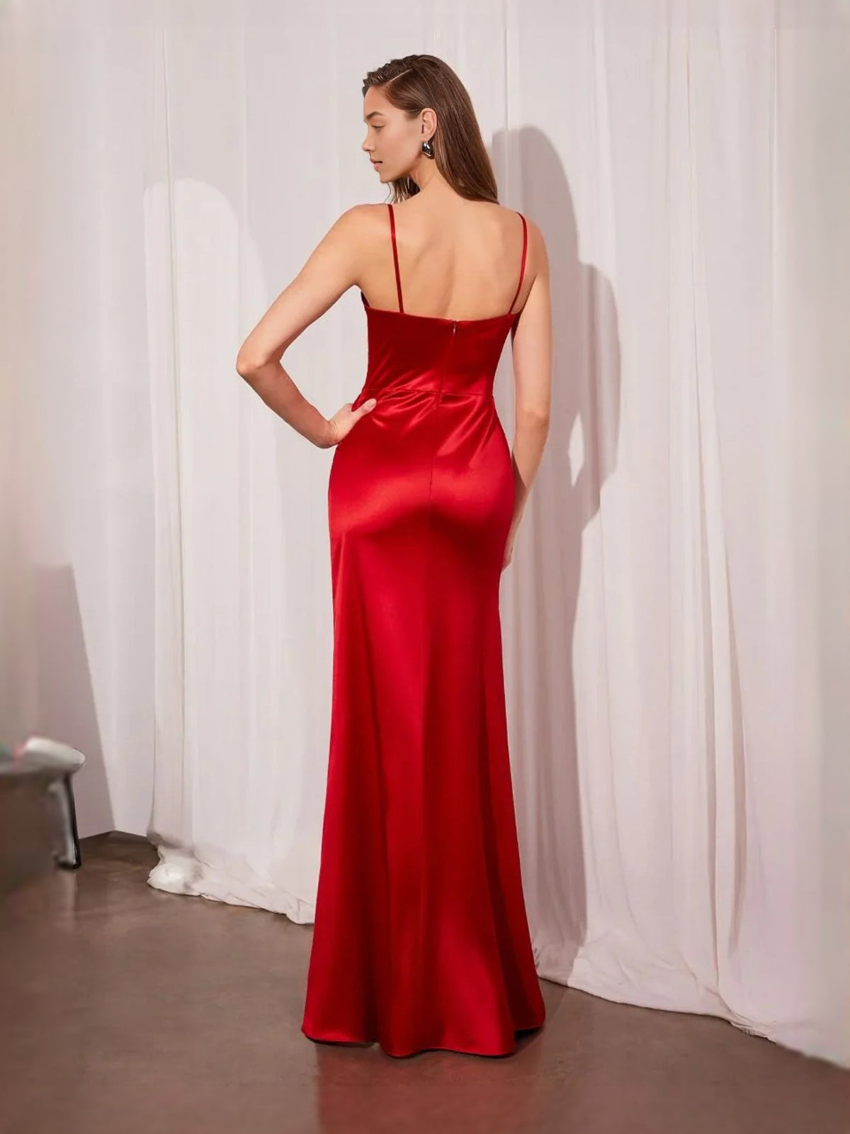 Red floor-length prom dress, alternate view showing the dress shape and hem