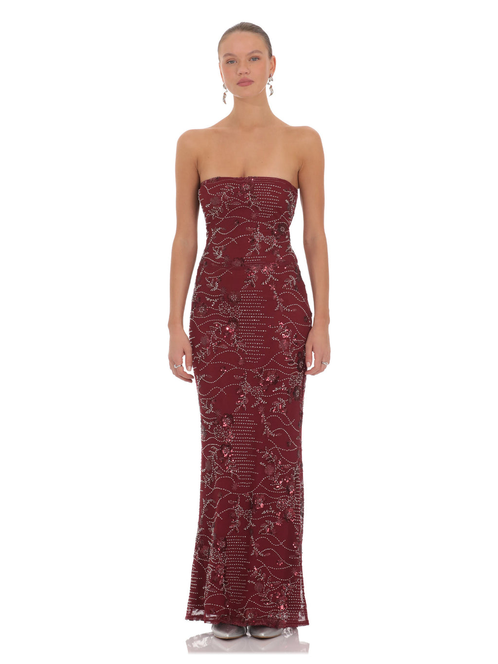 Burgundy bridesmaid dress with structured woven fabric construction and maxi hem