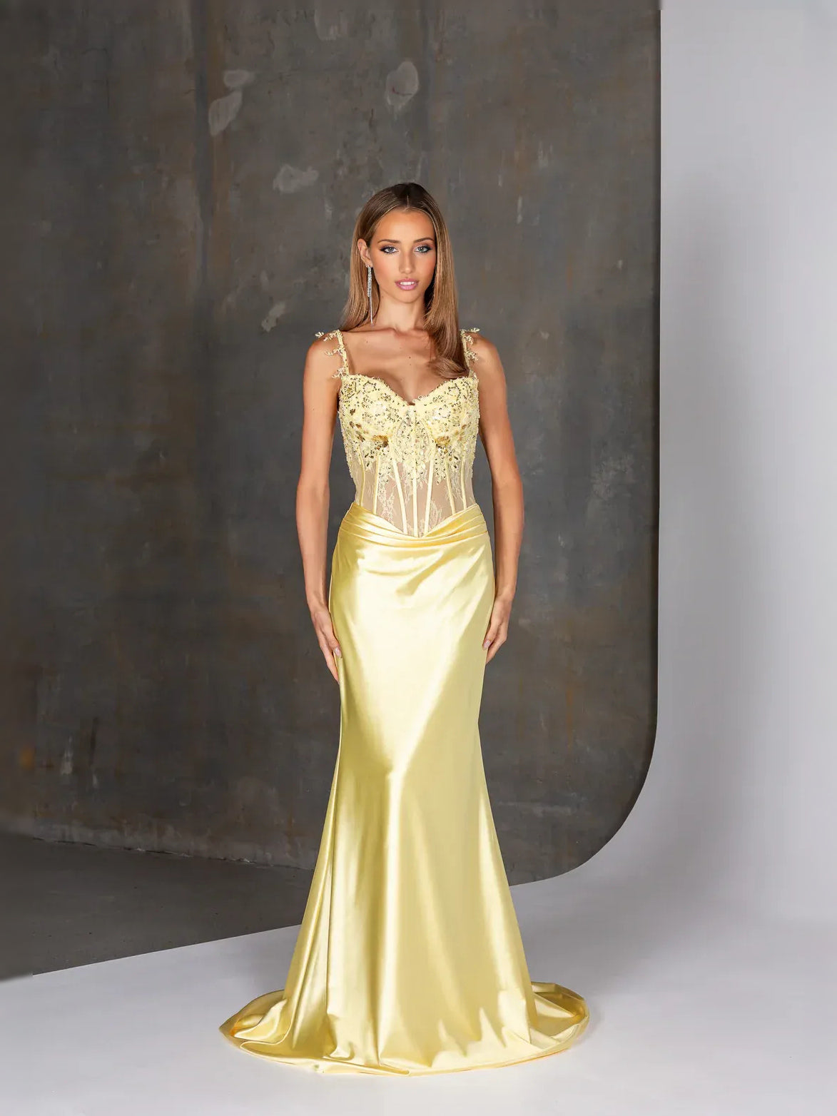 Lemon floor-length prom dress, front view showing the mermaid silhouette from another angle